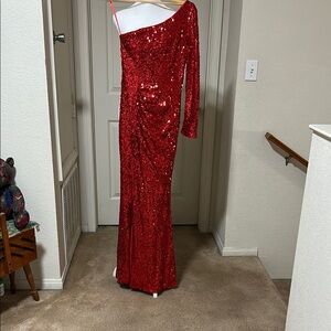 Faeriesty Red Sequin One-Shoulder Gown